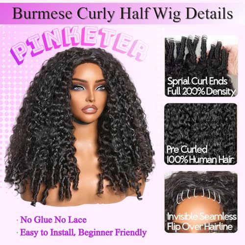 Pinketer Burmese Curly Half Wig Human Hair 14" Glueless