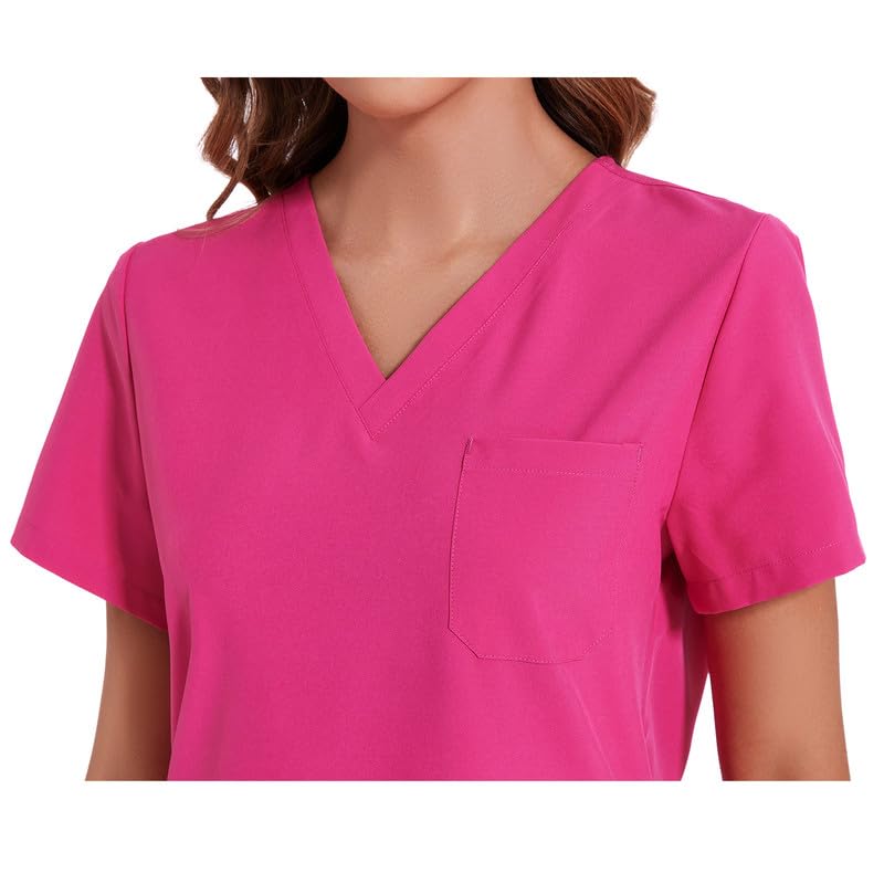 COZYFIT Scrubs for Women Set - Stretch V-Neck Scrub Top & Jogger Pant with 8 Pockets, Yoga Waistband, Anti Wrinkle, Slim Fit Women Scrubs - Hot Pink, XS