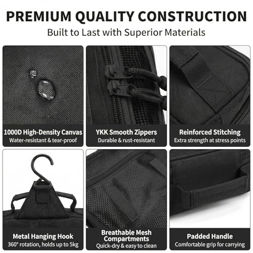 VELVEBAG Tactical Toiletry Bag for Men, Hanging Toiletry Bag for Men, Hanging Waterproof TravelShaving Hygiene Bag, Bathroom Multi-pocket Organizer, for Short Trips, Camping & Gym, Black