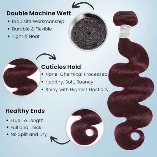 ALHER 99j Body Wave 1 Bundle Human Hair 22 Inch, 12A Dark Burgundy Wine Red Colored Wavy Bundles Sew In Weave for Black Women, Soft Thick 100% Unprocessed Virgin Remy Hair