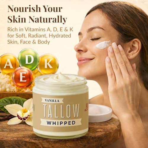 Whipped Tallow 9oz - All Natural Face Cream + Whole Body Moisturizer for Dry Skin - Made With Scented Oil Blend - No Preservatives, Parabens or Seed Oils - USA Made (Vanilla)