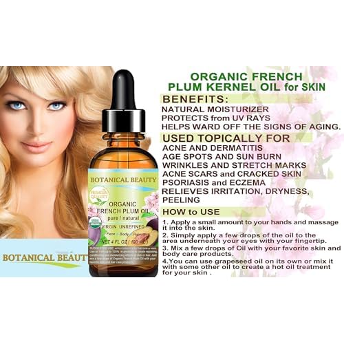 Botanical Beauty Organic French PLUM OIL 100% Pure Natural VIRGIN UNREFINED Cold-Pressed Carrier Oil for Face, Skin, Body, Hair, Lip, Nails. Rich in Vitamin E, Omega 6, Omega 9 (0.5 Fl Oz)
