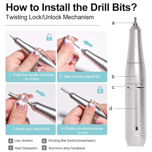 Yunir Electric Nail Drill Machine Portable, Rechargeable 45000rpm Speed Manicure Pedicure Kit, Nail Grinding Tool with Multiple Grinding Heads, for Nail Grind Trim Polish
