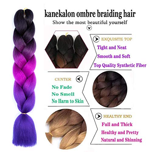 Xiaofeng Braiding Hair Extensions for Women 6 Packs 100g/Pack 24Inch High Temperature Ombre Jumbo Synthetic Braiding Hair for Twist Crochet Braids (24 Inch, black-purple red-blue)