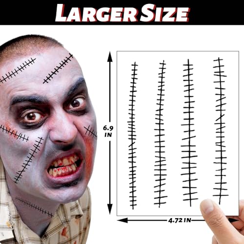 winthrop 8 Sheets Halloween Stitched Scar Temporary Tattoos, Large Size Fake Stitches & Wound Tattoos, Realistic Waterproof Horror Makeup Stickers for Halloween Costume, Cosplay&Party Supplies