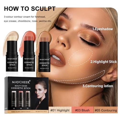 Contour Stick Makeup Set, 2024 New Face Stick Cream Blush, Bronzer Stick, Highlighter Stick for Face with Makeup Brush, Long Lasting & Natural Matte Contour Sticks for Beginner, 3 Colors (#01, 03, 05)