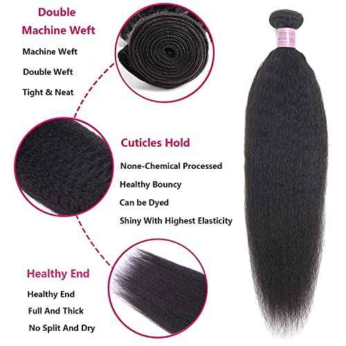 Kinky Straight Human Hair 3 Bundles 10 12 14 Inch Natural Black Yaki Straigh Brazilian Virgin Remy Hair Unprocessed Kinky Straight Human Hair Extensions (10 12 14 Inch, 3 Bundles)