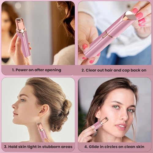 Facial Hair Remover for Women ? Electric Face Razor with Light, Hair Removal for Upper Lip, Chin & Cheeks ? Color Rose Red