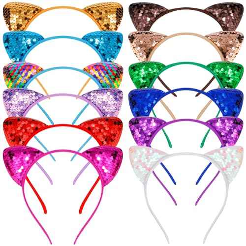 COCIDE 12Pcs Cat Ears Headbands Set with Sequins for Girls - Birthday Party, Halloween Hair Accessories and Favors