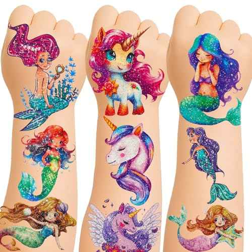 150+ Kids Glitter Temporary Tattoos for Girls ? Individually Wrapped, Waterproof Tattoo Stickers ? Mermaid, Unicorn, Fairy, Butterfly & More