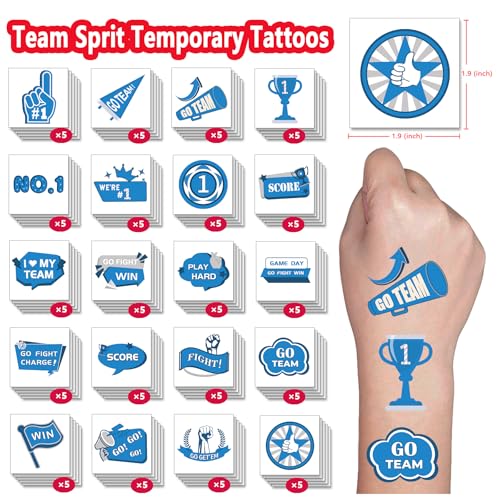 Y&C TENCOB Blue Team Spirit Tattoos Temporary -100Pcs 20 Styles | Go Team Tattoos School Spirit Stickers for Classroom Cheerleading Football Basketball Baseball Sports Games (Blue)
