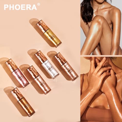 PHOERA Body Shimmer Oil, Body Bronzer Shimmer Oil,Body Glow Oil Shimmer Highlighter Luminizer Body Illuminator with Makup Bursh,Self Tanning Lotion,1oz/Jars (101 Rose Gold)