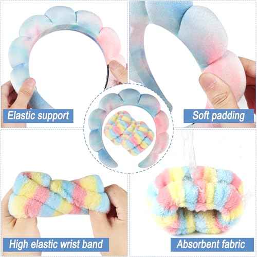Zkptops Spa Headband for Washing Face Wristband Set Sponge Makeup Skincare Velvet Fabric Bubble Soft Get Ready Hairbands for Women Puffy Headwear Non Slip Thick Thin Hair Accessory (Pink Tie Dye)