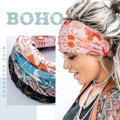 Boho Wide Headbands for Women, 4-Pack Floral Turban Head Wraps