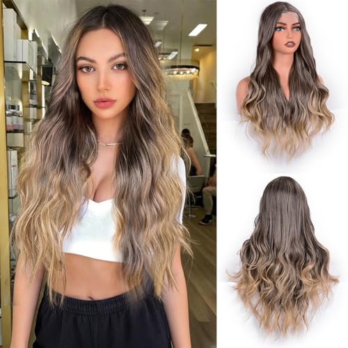 28 Inch Brown Blonde Highlight Body Wave Lace Front Wig