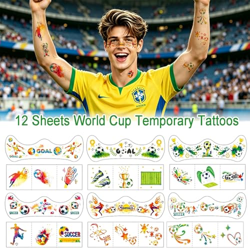 Watercolor Soccer Temporary Tattoos, 12 Sheets Waterproof