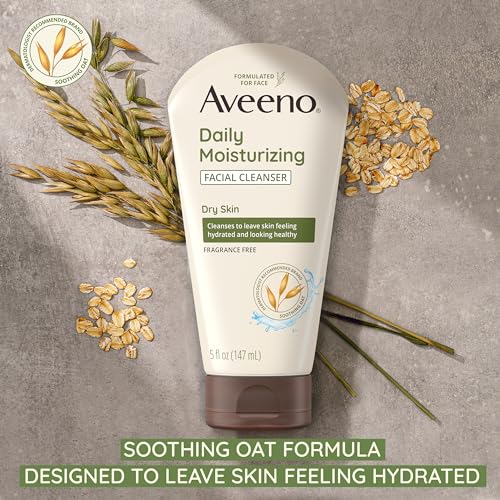 Aveeno Daily Moisturizing Facial Cleanser for Dry Skin, Hydrating Acne Face Wash with Soothing Oat for soft & Supple Skin, Free of Parabens, Sulfates, Fragrance, Dyes & Soaps, 5 FL OZ (Pack of 3)