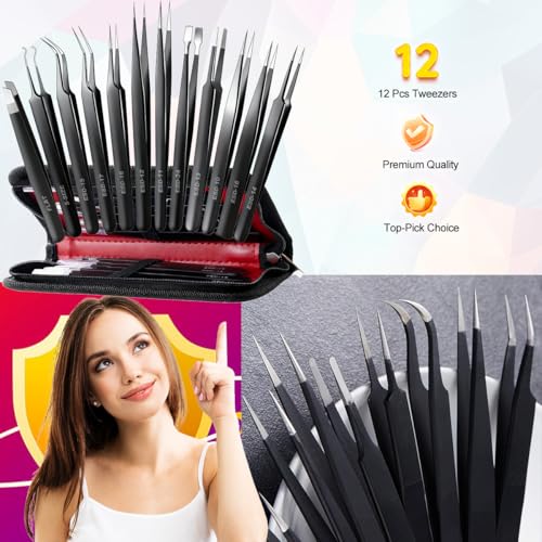 Antonki 12-Pack Precision Tweezers Set with Case