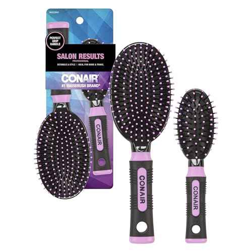 Conair Salon Results Cushion Hairbrush Set - men & women - hairbrushes for all hair types - detangling - features Travel size + Full-size - Pink/Black