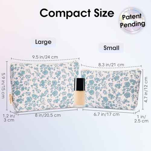 Wandering Nature Makeup Bag Small Cosmetic Bag for Purse 2 Pack Small Make Up Pouch Cute Travel Pouch with Zipper for Women, Blue Flower