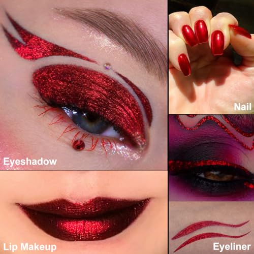 DE'LANCI DE¡¯LANCI Chameleon Red Glitter Eyeshadow Highly Pigmented, Single Metallic Glitter Red Eye Shadow Palette Intense Color Shifting, Chrome True Red Shimmery Glitter Eyes Warm Goth Smoky Makeup