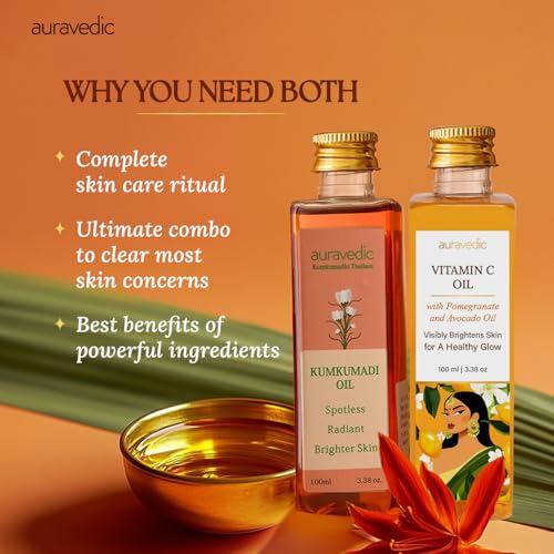 Auravedic Kumkumadi Saffron & Vitamin C Oil | Hydrating Face Moisturizer | Helps Reduce Fine Lines & Nourishes Dry, Dull Skin | Natural Facial Massage Oil | 3.38 Fl Oz (Pack of 2)