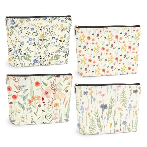 4 Pcs Watercolor Wildflower Makeup Bag, Botanical Cosmetic Bags Plant Lover Friendship Gifts for Women Sister Bestie Mom Friend Thanksgiving Christmas Birthday Gifts Travel Toiletry Bag Accessories