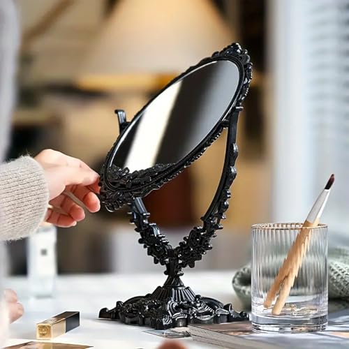 Vintage Black Tabletop Makeup Mirror with Ornate Floral Frame