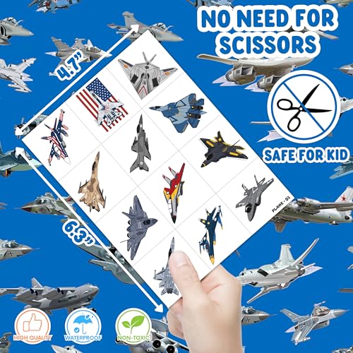 96 PCS Airplane Air Jet Fighter Pre-Cut Temporary Tattoos for Kids | Super Cute Plane Themed Birthday Party Favors, Supplies, Decorations, Fake Tattoo Stickers, School Rewards & Gifts Boys & Girls
