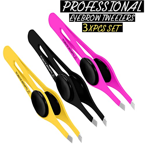 Professional Eyebrow Tweezers Slanted Tip Stainless Steel 2,3xPcs Set, Non-Slip Grip Slant Tip Tweezers for Facial Hair, Plucking Removing Ingrown Hairs, Tweezer for Women Men (Black&Pink&Yellow)