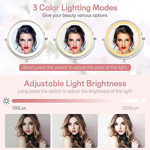 VESAUR 8¡± Rechargeable Lighted Makeup Mirror, 1X/10X Magnifying Vanity Mirror with 3 Colors 50 Dimmable LED Lights