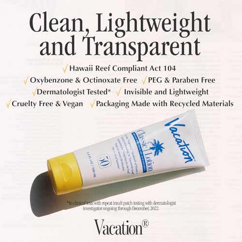 Vacation Classic Sunscreen Lotion SPF 50 + Air Freshener Bundle, Water Resistant Broad Spectrum Sunscreen Sun Block, Vegan Sun Tanning Lotion, Body Lotion with SPF, SPF 50 Sunscreen, 3.4 Fl. Oz.