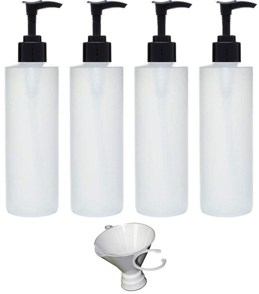 Earth's Essentials Four Pack Of Refillable 8 Oz. HDPE Plastic Pump Bottles With Patented Screw On Funnel-Great For Dispensing Lotions, Shampoos and Massage Oils.