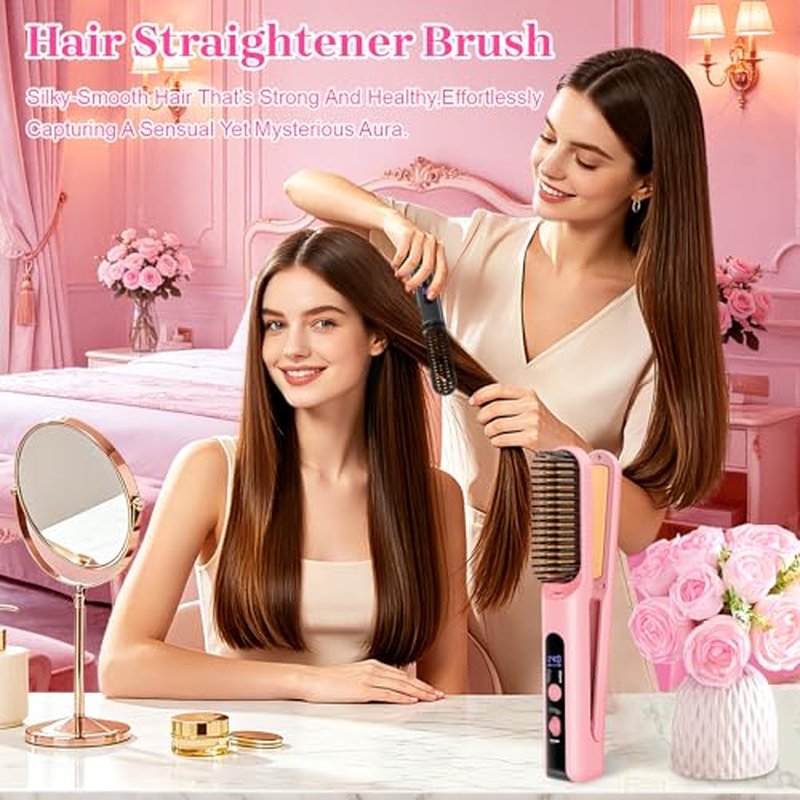 Portable 2-in-1 Cordless Hair Straightener Brush for Travel