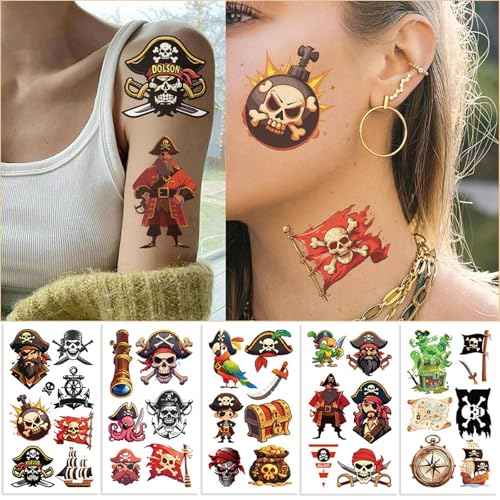 10Sheets Pirate Tattoos for kids - pirate stickers,Waterproof, Fun Designs for Parties, Easy to Apply, 3x3 Inches, Perfect for Pirate-Themed Birthday Parties,Pirate Party Decorations