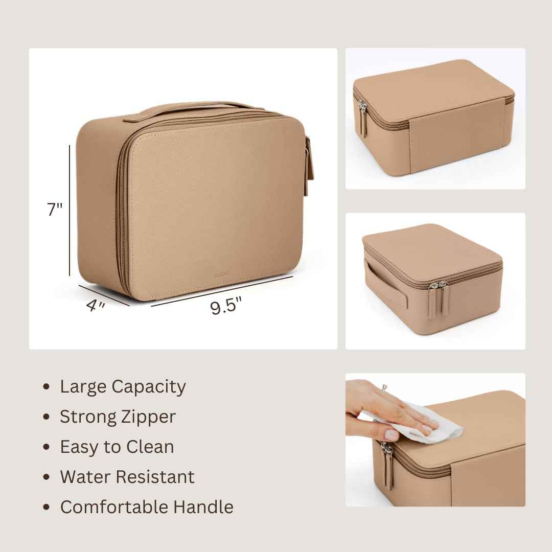 MELINE Leather Makeup Bag with Brush Holder,Travel Cosmetic Case for Women,Large Capacity Waterproof Toiletry Bag with Handle,Stylish and Durable Makeup Organizer (Khaki Brown)