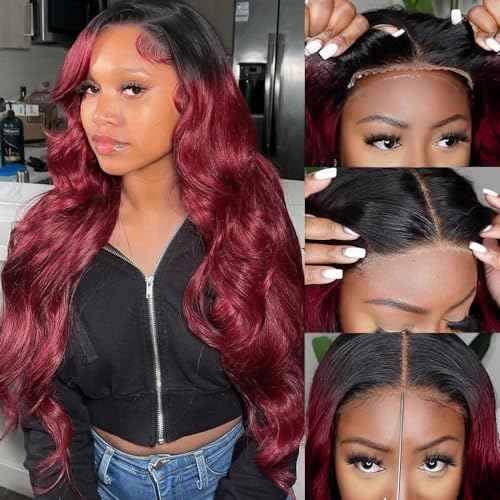 GABRIELLE 32 Inch Glueless Wig Body Wave Lace Front Human Hair Wigs 1B/99J Burgundy 5x5 HD Lace Closure Wigs 180 Density Pre Plucked Pre Cut Lace Virgin Human Hair Wigs for Women