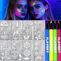 Glow In the Dark Markers for Face Body Paint, 4 Temporary Tattoo Markers for Skin + 57 Tattoo Stencil Stickers, Glow Under UV Light Body Marker Kit