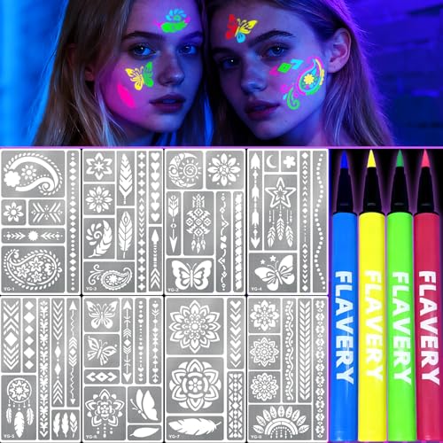 Glow In the Dark Markers for Face Body Paint, 4 Temporary Tattoo Markers for Skin + 57 Tattoo Stencil Stickers, Glow Under UV Light Body Marker Kit