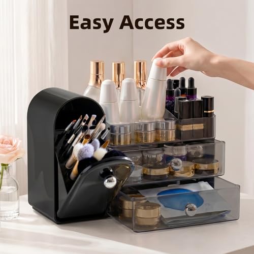 Makeup Organizer with Dustproof Brush Holder & Drawers