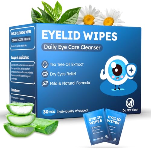 30PCS Eyelid & Lash Wipes for Itchy & Dry Eyes, Tea Tree Oil Eyelid Wipes for Styes & Blepharitis, Daily Eye Cleansing Wipe, Hypoallergenic & Soothing For Sensitive Eyes, Stay Hydrated Lid Wipe