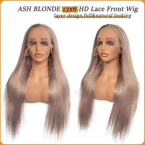Smavida Straight Ash Blonde 13X6 HD Lace Front Wigs Human Hair for Women 24 Inch Colored Ash Blonde Deep Parting Glueless Lace Frontal Wigs 180% Density Pre Plucked with Baby Hair