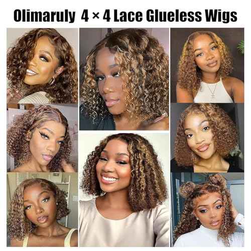 Highlight Ombre Honey Blonde Curly Bob 4x4 Lace Wig Deep Wave Wigs Pre Plucked Pre Cut Bleached Knots 10 Inch Wear And Go Glueless for Woman Pre Plucked With Baby Hair for Black Women
