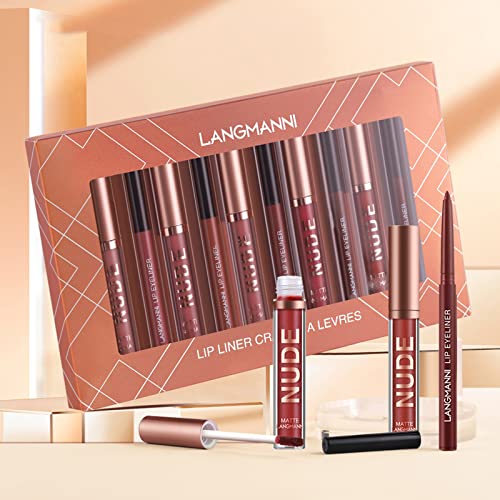 LANGMANNI 6 Matte Lipstick with 6 Lipliners Durable Makeup Set,Long-Lasting Non-Stick Cup Not Fade Waterproof Pigmented Velvet Lipgloss Kit Beauty Cosmetics Makeup Gift for Girls (#A)