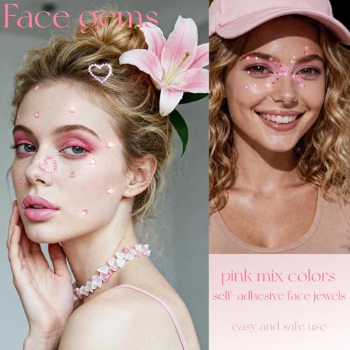 Pink Face Gems Self-Adhesive Hair Jewels,Bling Heart Star Jewels for Valentine's Day Makeup, Festival, Stick on Gems Rhinestones Stickers, Pink Face Glitter Rave Accessories for Women Girls