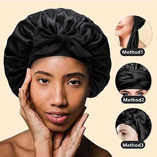 Silky Satin Hair Bonnet Night Cap Hair Cover for Black Women with Soft Stretchy Tie Band - Jumbo Satin Sleep Cap (Black & Leopard)