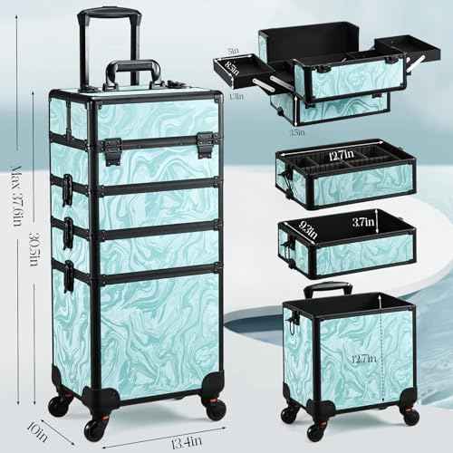 Rolling Makeup Case, 4 in 1 Makeup Case on Wheels, Professional Makeup Trolley, Cosmetic Train Case Makeup Cart Travel Trolley with Key for MUA, Hairstylists, Nail Tech, Turquoise Vitality