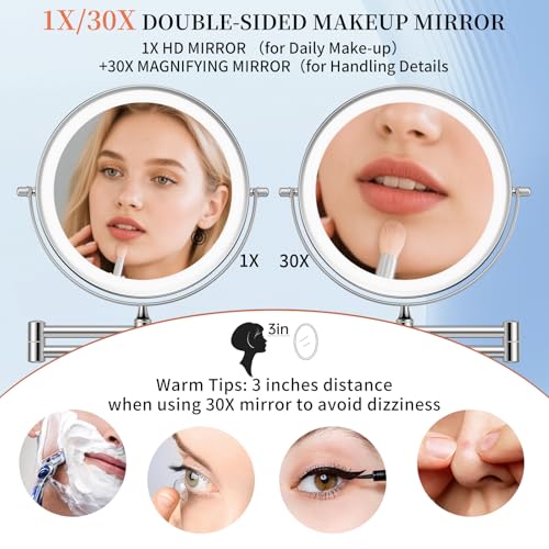FUNTOUCH 9" Wall Mounted Makeup Mirror with 30X Magnification & Lights