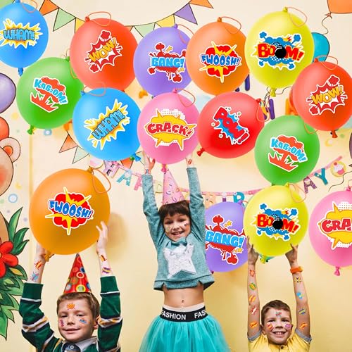 72 PCS Hero Party Favors ? 48 Pre-Cut Temporary Tattoos & 24 Hero Punch Balloons Themed Birthday Party Decorations Supplies Favors Gifts Goodie Bag Fillers Classroom Rewards for Boys Girls