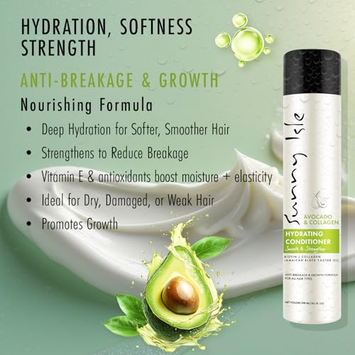 Sunny Isle Avocado & Collagen Hydrating Conditioner 10.1oz | Biotin, Collagen, Jamaican Black Castor Oil Infused | Anti-Breakage Growth Formula | Smooths, Strengthens